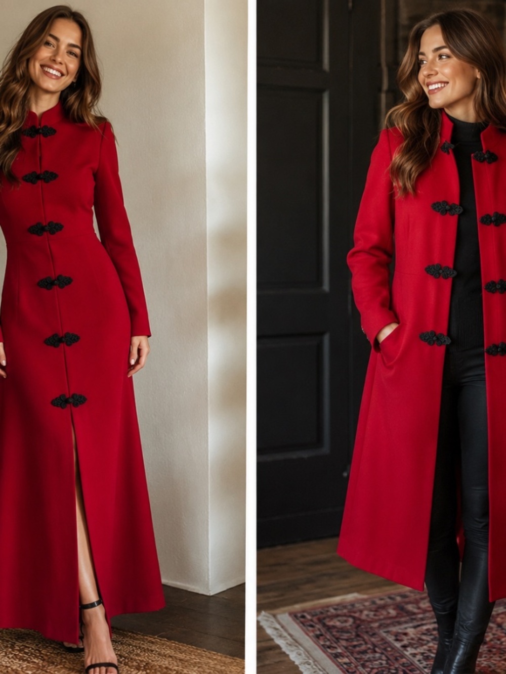 Zara Red Mandarin Collar Coat Dress Asian Inspired Frog Closures Small Glam Chic